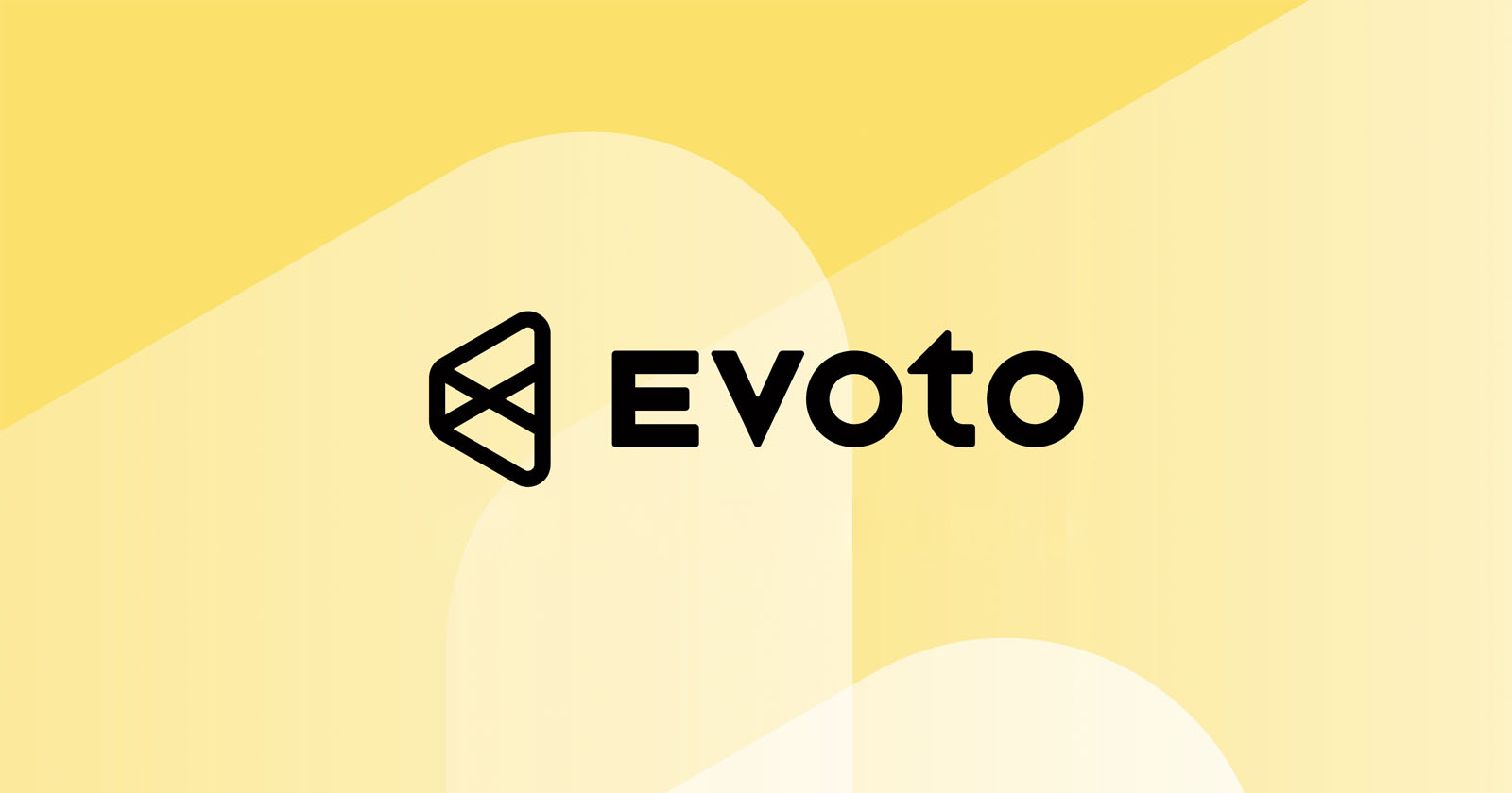Yellow geometric background with the black Evoto logo and text centered. The logo consists of an abstract geometric shape, and the name “Evoto” is written in bold, modern font to the right of the logo.