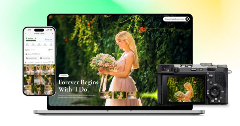A smartphone, laptop, and camera display a wedding photoshoot featuring a bride in a light pink dress holding a bouquet, with greenery and sunlight in the background.