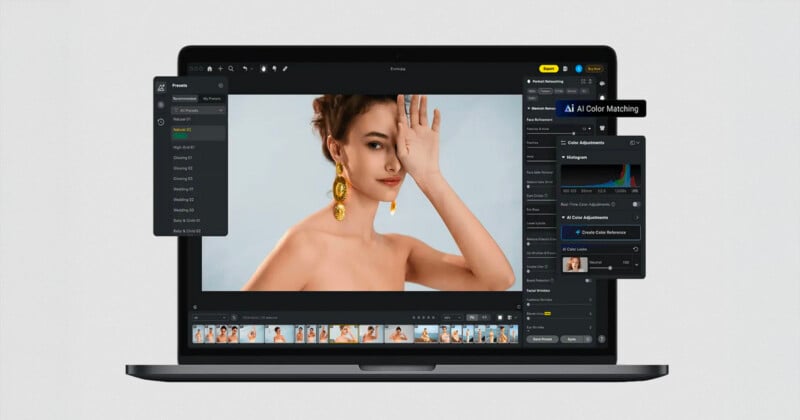 A laptop screen displays photo editing software with a portrait of a woman wearing gold earrings. Editing tools and adjustment panels are open, including one labeled "AI Color Matching.
