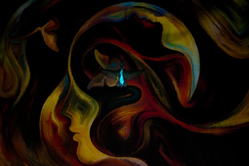 Abstract painting with swirling lines in warm colors forms the profiles of two faces. A luminous blue and green hummingbird appears to fly in the center, standing out against the dark background.