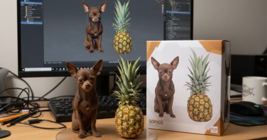 A small brown Chihuahua sits next to a pineapple on a desk, with a computer screen and a product box in the background, both displaying the same dog and pineapple image.