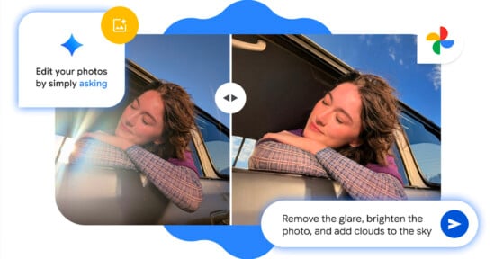 A split image shows a woman leaning out of a car window with eyes closed; the left side is bright with sun glare, while the right side is edited to be glare-free with a bright sky. Text: “Edit your photos by simply asking.”.