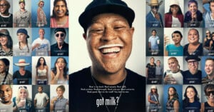 A collage of diverse people smiling with milk mustaches. The central figure wears a cap and black shirt, also with a milk mustache. Text at the bottom reads, "got milk?" and highlights the benefits of milk.