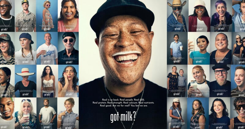 Collage de personas diversas sonriendo con barbas de leche. La figura central llevaba un sombrero y una camisa negra, y una barba de leche. Leer texto en la parte inferior, "¿Tiene leche?" Y resaltar los beneficios de la leche.