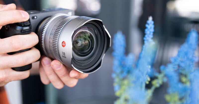 Una persona que sostiene una cámara profesional con una lente amplia que se centra en las flores azules brillantes en primer plano. El fondo es borrosa y puede resaltar detalles nítidos resaltar la cámara y las flores.