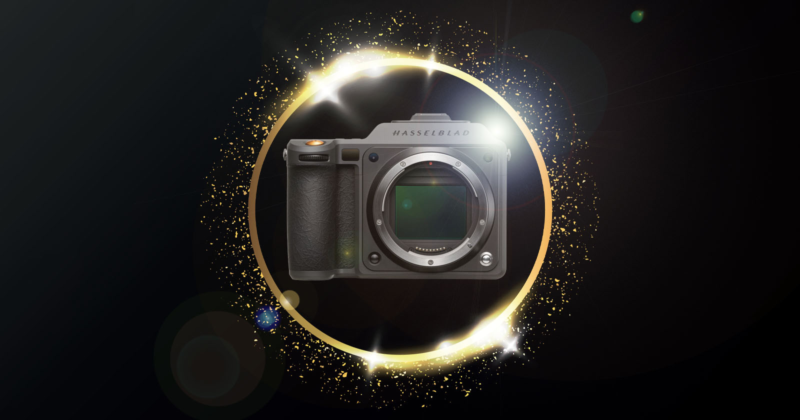 A black Hasselblad camera with no lens is centered inside a glowing golden ring with sparkles and light effects on a dark background.