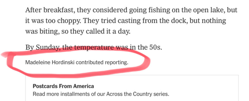 Captura de pantalla con texto "Madeleine Hordinski contribuyó con el informe." Círculo en rojo bajo el extracto de la historia. Esta palabra "temperatura" Lo más destacado en rojo en la historia.