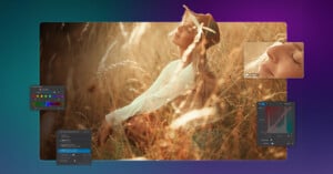 A woman in a hat sits in a sunlit field of tall grass, eyes closed and smiling. Editing tool interface windows for color, curves, and settings overlay the image, indicating photo editing in progress.