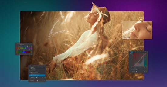 A woman in a hat sits in a sunlit field of tall grass, eyes closed and smiling. Editing tool interface windows for color, curves, and settings overlay the image, indicating photo editing in progress.