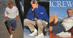 Three men model J.Crew and Vans clothing: one walks on a dock in a white shirt and shorts; one crouches in a blue jacket and khakis; one lounges in a white tee and blue shorts. Text reads “Available now. Vans & J.Crew.”.
