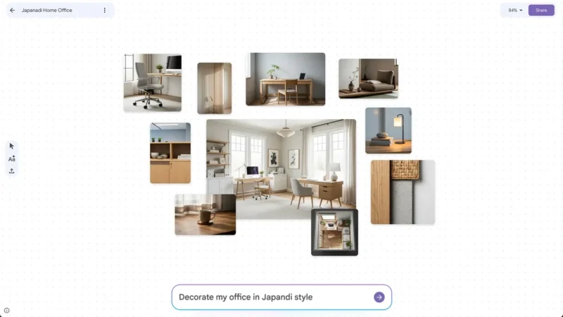 A collage of Japandi-style home office inspiration images featuring minimalist desks, chairs, shelves, neutral tones, wooden furniture, soft lighting, and simple décor. A search bar at the bottom says, "Decorate my office in Japandi style.