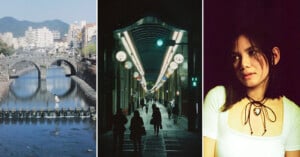 A collage of three photos: a stone bridge over a river in a city, people walking through a covered, illuminated shopping street at night, and a woman with dark hair wearing a white top and heart necklace.