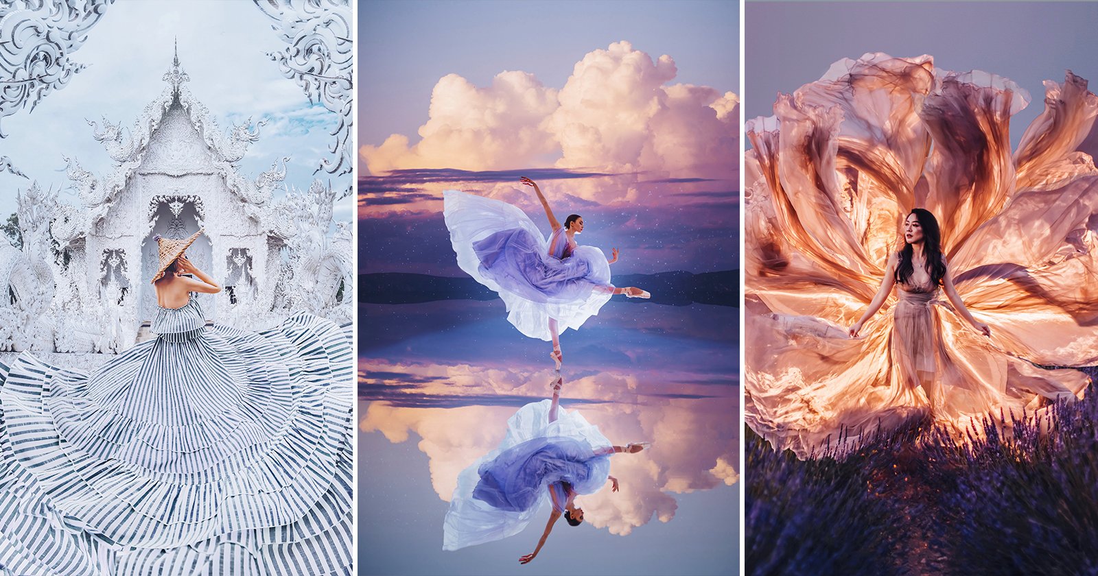 Three women in elegant dresses pose artistically: one stands before an ornate white temple, another dances gracefully over a reflective watery surface, and the third stands amid swirling fabric in a field at sunset.