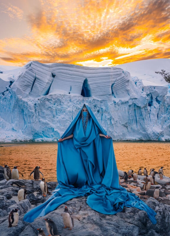 A person draped in a flowing blue fabric stands among penguins on rocky ground, with a glacier and dramatic orange sunset sky in the background.