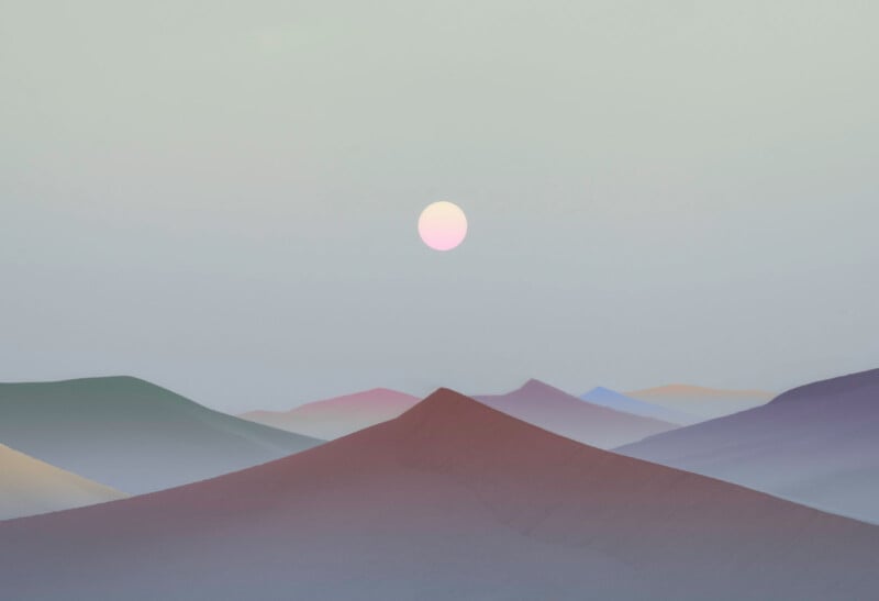 A pastel-colored desert landscape with smooth sand dunes under a hazy sky; the sun appears pale and softly glowing above the horizon.