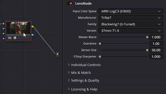 Capturas de pantalla del software de calificación de color "Mesa de lente" Configuración, Ofreciendo espacio de color de entrada, fabricante, hogar, variante y opciones de control deslizante ajustable, nitidez, sobrevelocidad y tamaño del sensor.