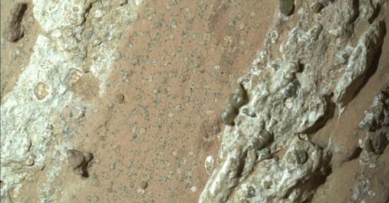 Close-up view of a rough, sandy surface with light brown and tan tones, scattered small stones, and irregular patches of white, textured material running diagonally across the image.