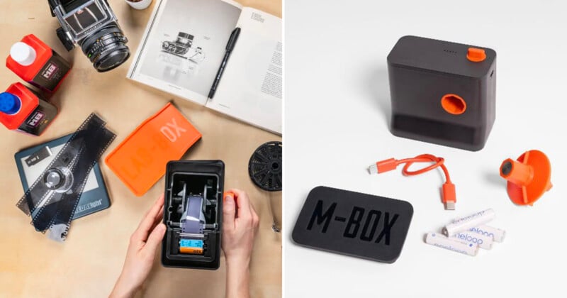 Split image: Left side shows hands using a compact film developing device among cameras, film, and chemicals. Right side shows the disassembled device with its lid, orange component, USB cable, and capsules on a white background.