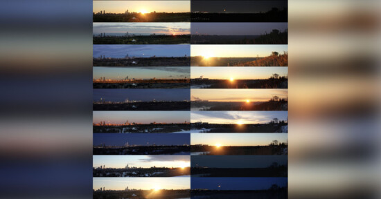 A collage of cityscape and landscape photos shows transitions from day to night, with views of a skyline under varying light conditions, from sunrise to sunset and into nighttime darkness.