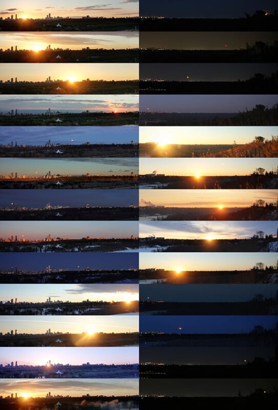 A grid of twenty landscape photos shows a city skyline at sunrise, with each pair comparing the scene during daylight on the left and at night on the right, capturing changing light and sky colors.