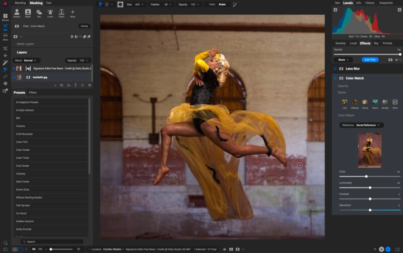 A photo editing software interface shows an image of a dancer mid-leap, wearing a yellow and black flowing dress, set against a rustic brick wall with arched windows.
