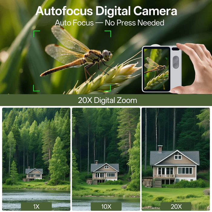 A promotional image for an autofocus digital camera shows a close-up of a dragonfly, a hand holding a camera, and three comparison photos of a house at 1x, 10x, and 20x digital zoom amid trees by a lake.