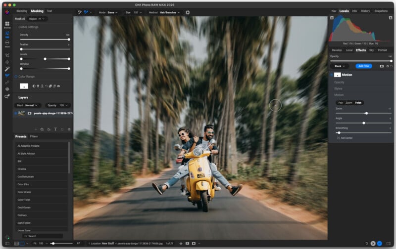 A photo editing software window shows an image of a smiling couple riding a yellow scooter on a tree-lined road, with background motion blur.