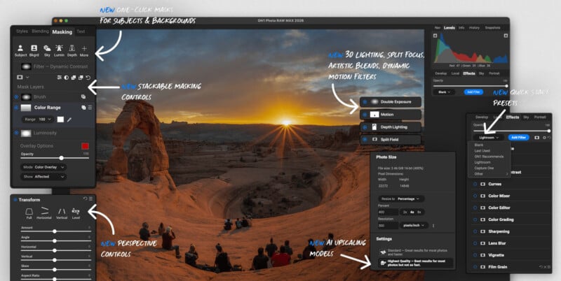 A photo editing software interface displays a desert landscape image at sunset. Annotated notes highlight features like masking controls, 3D lighting, perspective tools, stacking masks, and updated quick presets.