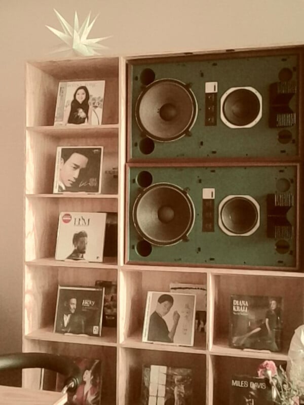 Wooden shelves display vinyl records and two large speakers. Album covers with portraits are visible, and some decorative items are placed on the shelves. The setting appears cozy and organized.
