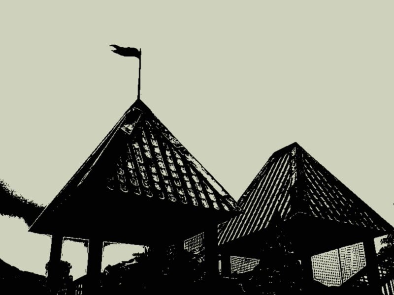 A stylized, high-contrast image shows two pointed-roof gazebo structures. One roof features a flag at the peak. The background is plain and light-colored, emphasizing the dark outlines of the roofs.