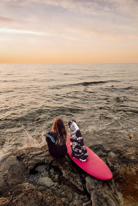 A woman in a wetsuit and a black-and-white dog sit together on a pink surfboard at the rocky shoreline, gazing at the calm sea during sunset.