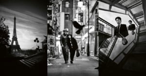 A triptych of black-and-white photos: the Eiffel Tower with a person holding balloons, an elderly couple walking down a city street with a bird flying, and two men standing on a glass staircase with their reflections visible.