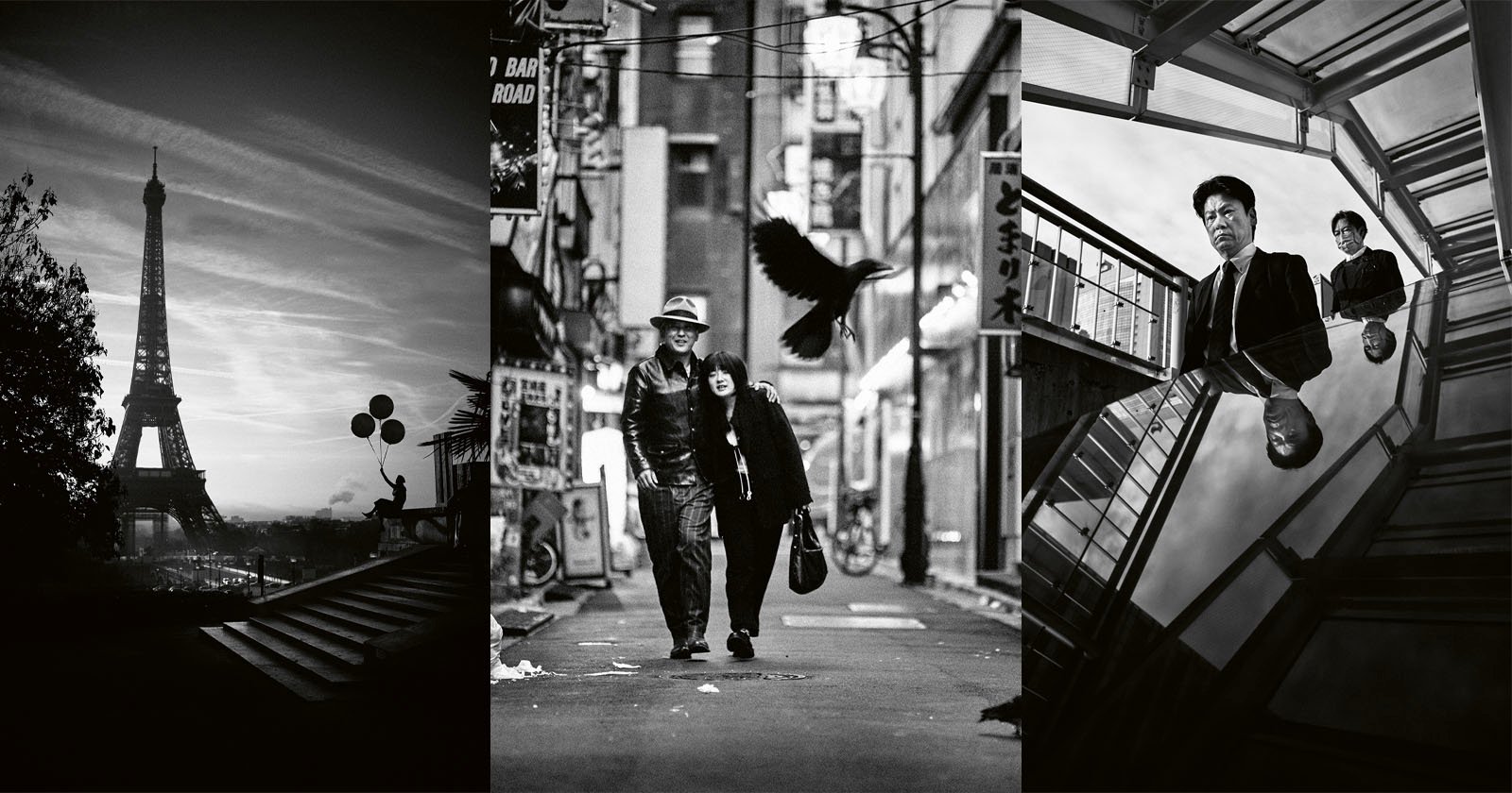 A triptych of black-and-white photos: the Eiffel Tower with a person holding balloons, an elderly couple walking down a city street with a bird flying, and two men standing on a glass staircase with their reflections visible.