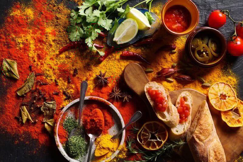 Colorful spices, herbs, and dried citrus slices are spread out on a dark surface. A baguette with salsa, tomatoes, lime wedges, cilantro, bowls of salsa and jalapeños, and various spices create a vibrant, appetizing arrangement.