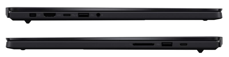 Two side views of a closed black laptop showing various ports, including HDMI, USB, headphone jack, SD card slot, and USB-C, on opposite sides of the device.