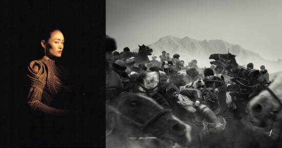 A woman in ornate clothing stands in dramatic lighting on the left; on the right, a chaotic scene shows many horse riders in motion against a mountainous, dusty backdrop.