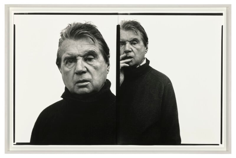 Black-and-white diptych portrait of an older man with dark hair, wearing a dark turtleneck sweater. On the left, he looks ahead seriously; on the right, he stands behind, touching his lips thoughtfully.