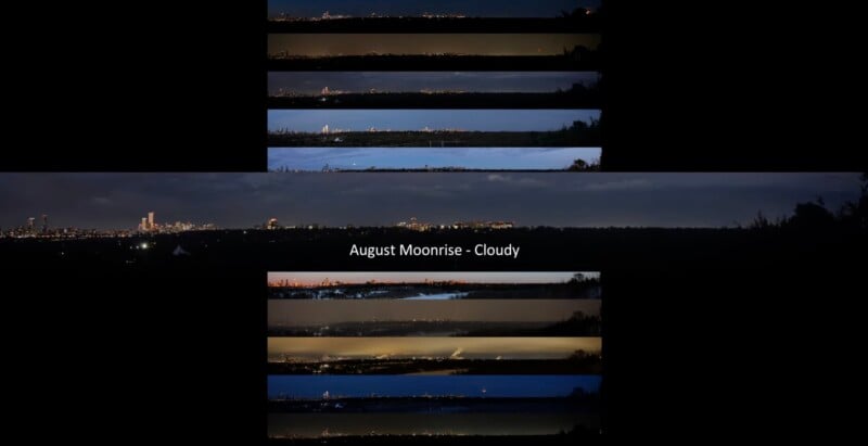 A time-lapse collage showing the horizon during a cloudy August moonrise, with city lights and skyline visible at night and dawn. The center strip is labeled "August Moonrise - Cloudy.
