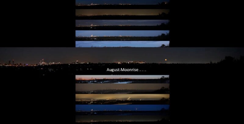 A series of horizontal strips arranged vertically show a city skyline transitioning from night to day, with various lighting and sky colors. Center text reads “August Moonrise.”.