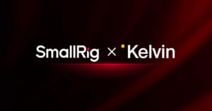 White text on a dark red and black background reads "SmallRig × Kelvin," with a yellow dot above the "i" in "Kelvin." The design is simple and modern.