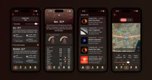 Four smartphone screens display an astronomy app interface showing weather details, stargazing conditions, celestial events, and a map for event locations, all in a dark-themed design with red and white accents.