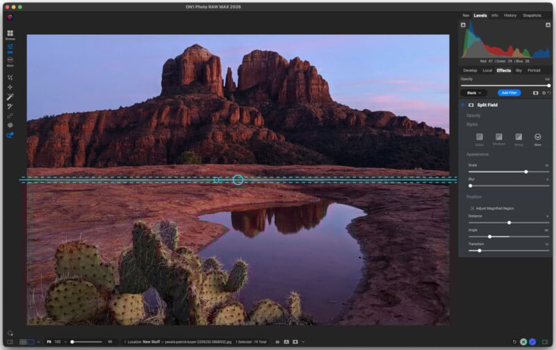 A photo editing program is open, showing a landscape image with red rock formations, a water reflection, and cacti.