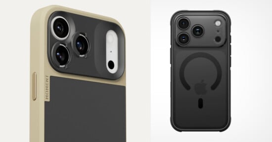 Two smartphones are shown: the left phone in a beige and black case with an attached camera lens accessory, and the right phone in a black case with the Apple logo and visible MagSafe ring.