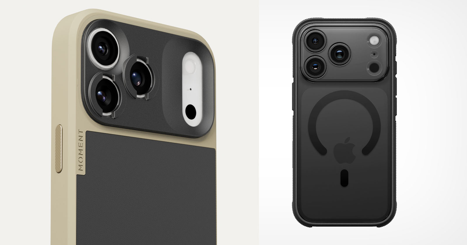 Two smartphones are shown: the left phone in a beige and black case with an attached camera lens accessory, and the right phone in a black case with the Apple logo and visible MagSafe ring.