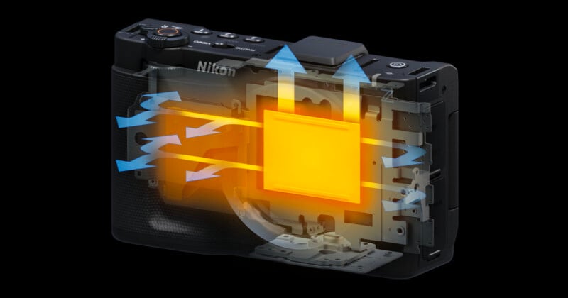 A diagram of a Nikon camera with a semi-transparent view showing airflow around an internal component, highlighted in bright orange and yellow, with blue arrows indicating heat dissipation.