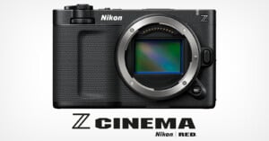 A black Nikon Z camera body without a lens is centered on a white background, with "Z CINEMA Nikon | RED." text below it in bold black letters.