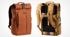Two durable backpacks are shown: the left one in brown displayed from the front with a roll-top closure, and the right one in tan shown from the back, highlighting padded straps and back panel.
