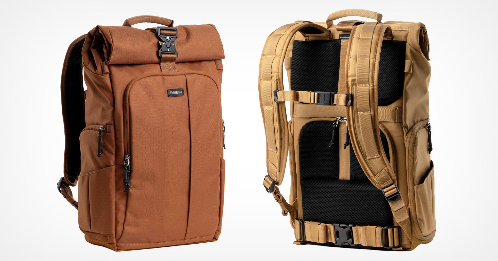 Two durable backpacks are shown: the left one in brown displayed from the front with a roll-top closure, and the right one in tan shown from the back, highlighting padded straps and back panel.