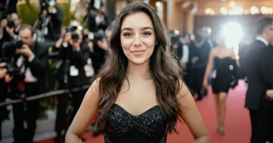 A woman in a strapless black dress poses and smiles on a red carpet, surrounded by photographers and people in formal attire.