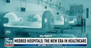 A Fox News segment shows futuristic hospital beds in a sterile room, with the headline: "MEDBED HOSPITALS: THE NEW ERA IN HEALTHCARE" and a program label "MY VIEW WITH LARA TRUMP.